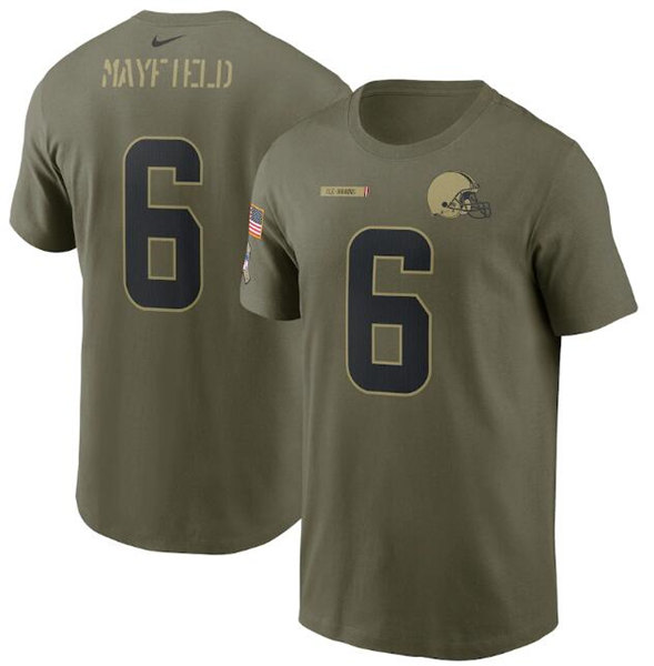 Men's Cleveland Browns #6 Baker Mayfield 2021 Olive Salute To Service Legend Performance T-Shirt